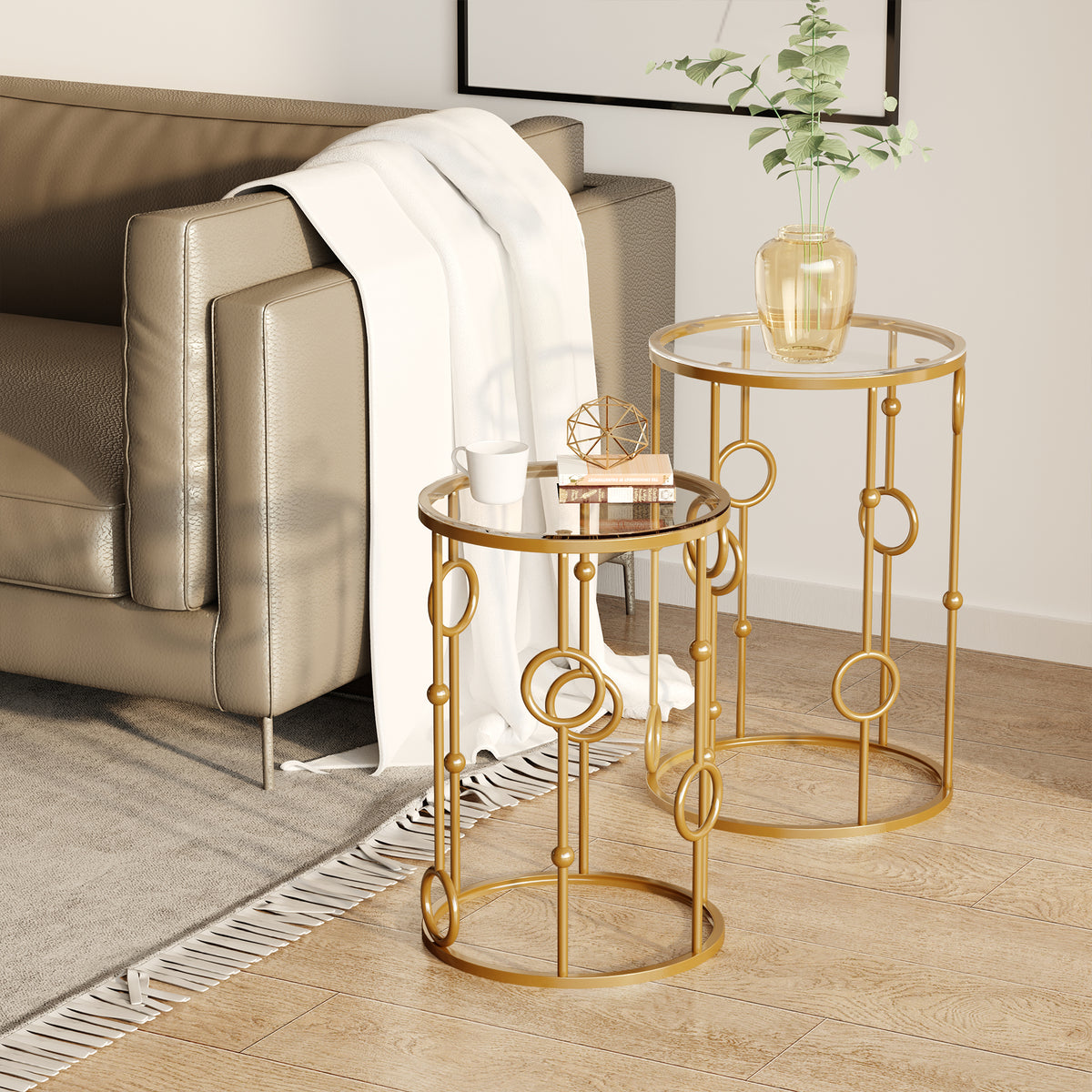 Round Coffee Tables Set of 2, Gold Nesting Side End Tables with Tempered Glass Top, Steel Frame for Living Room