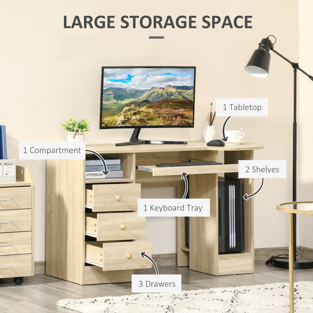Computer Desk with Storage, Home Office Laptop Table with Shelves and Drawers – view 11