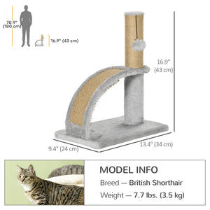 17" Small Cat Tree with Jute Scratching Post, Curved Scratching Board, Dangling Ball with Bell, Grey