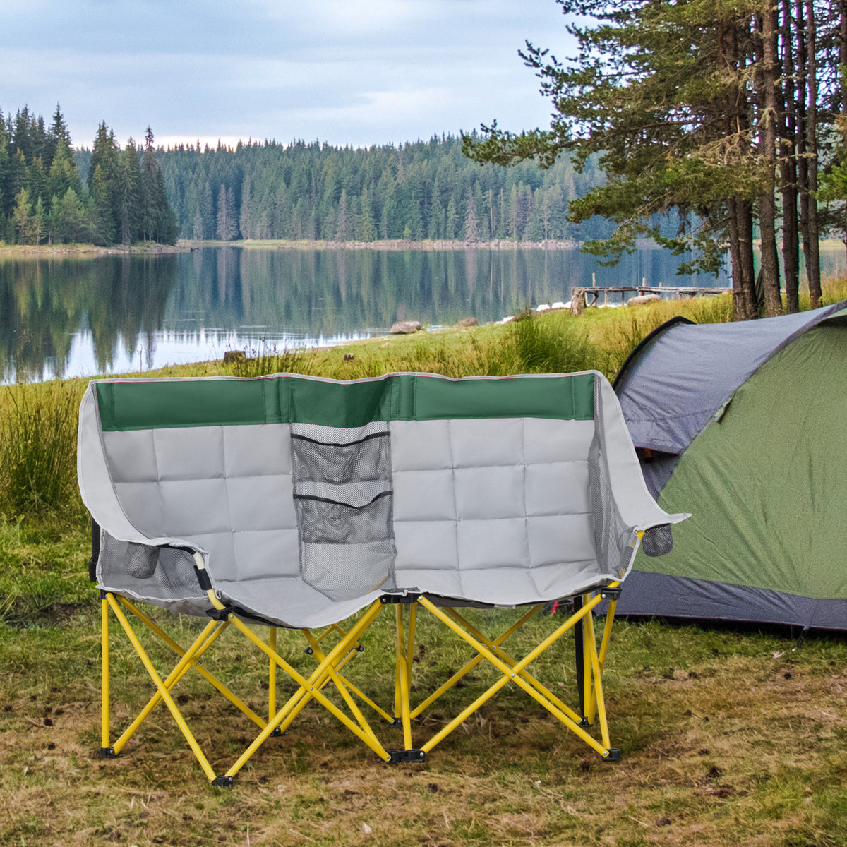 62" W Double Seat Camping Chair Folding Lawn Loveseat w/ Storage Pocket & Cup Holder Compact in a Bag for Outdoor, Beach, Picnic, Hiking, Travel, Green