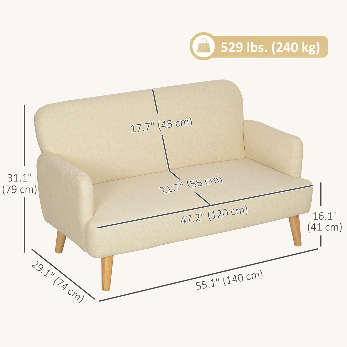 Velvet Feel Fabric 2 Seater Sofa, Small Sofa Loveseat with 8.3" Thick Padding and Wood Legs, Black – view 9