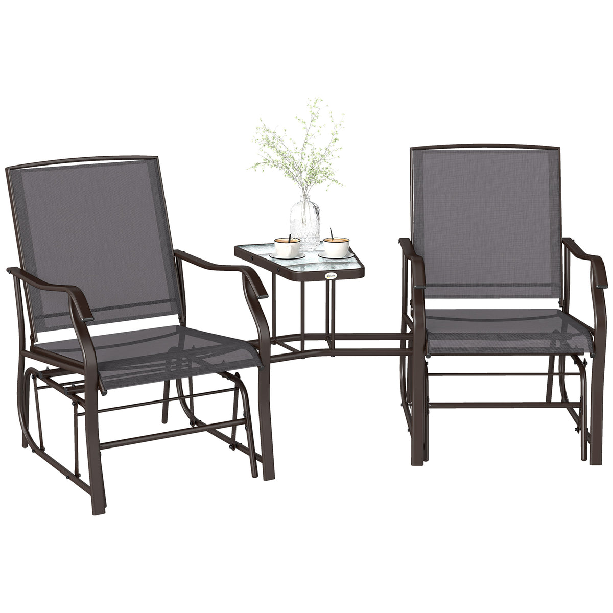 Double Patio Glider Chair with Glass Top Center Table, Outdoor Glider Loveseat with High Back