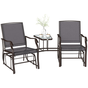 Double Patio Glider Chair with Glass Top Center Table, Outdoor Glider Loveseat with High Back