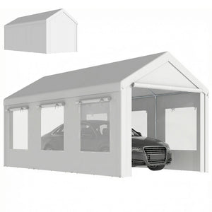10' x 20' Heavy Duty Carport, Height Adjustable Portable Garage Car Canopy Tent Shelter with Doors, Windows, White