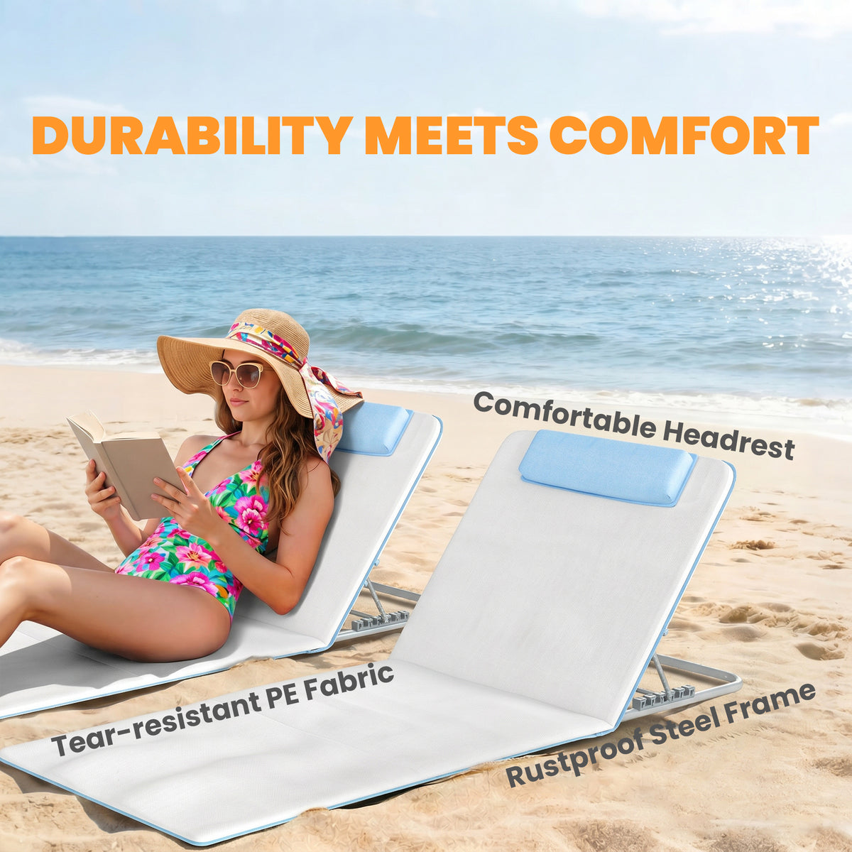 2 Pieces Beach Lounge Chair, Outdoor Folding Chaise Lounge Set w/ Pillow for Sunbath, Snap, Beige – view 5