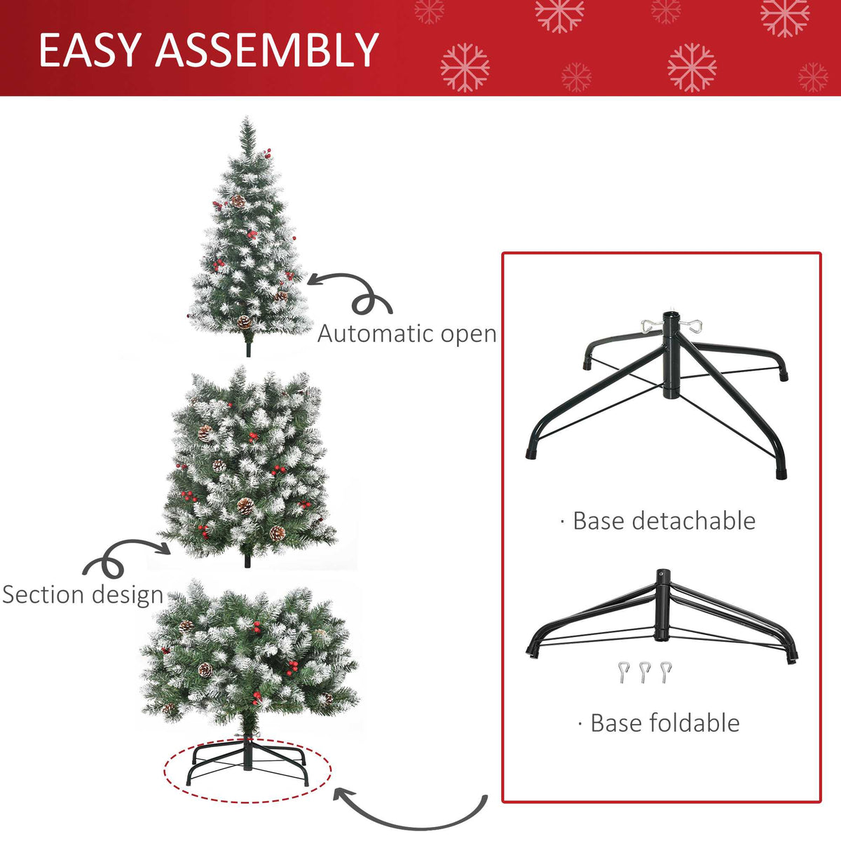 5ft Decorated Christmas Tree with Red Berries and Pine Cones, Flocked Christmas Tree with Pencil Shape – view 12