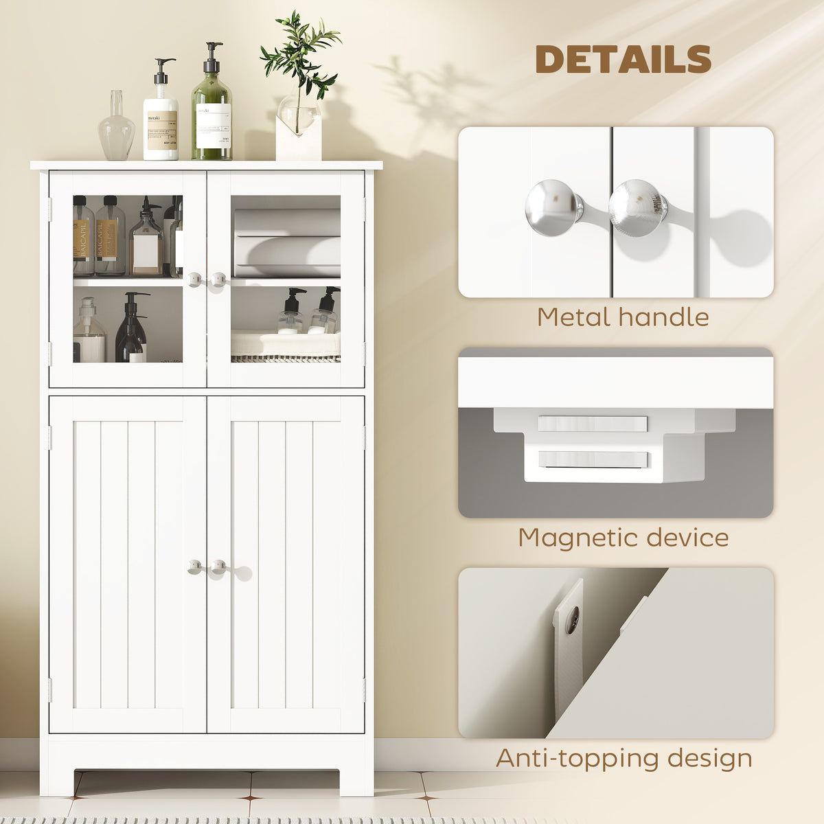 Bathroom Floor Storage Cabinet with Tempered Glass Doors and Adjustable Shelf, Kitchen Cupboard, Free Standing Organizer for Living Room Entryway, White