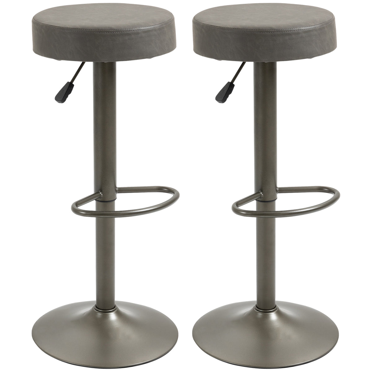 Modern Adjustable Bar Stools Set of 2, Swivel Barstool with Footrest, PU Leather Round Top for Kitchen, Dark Grey