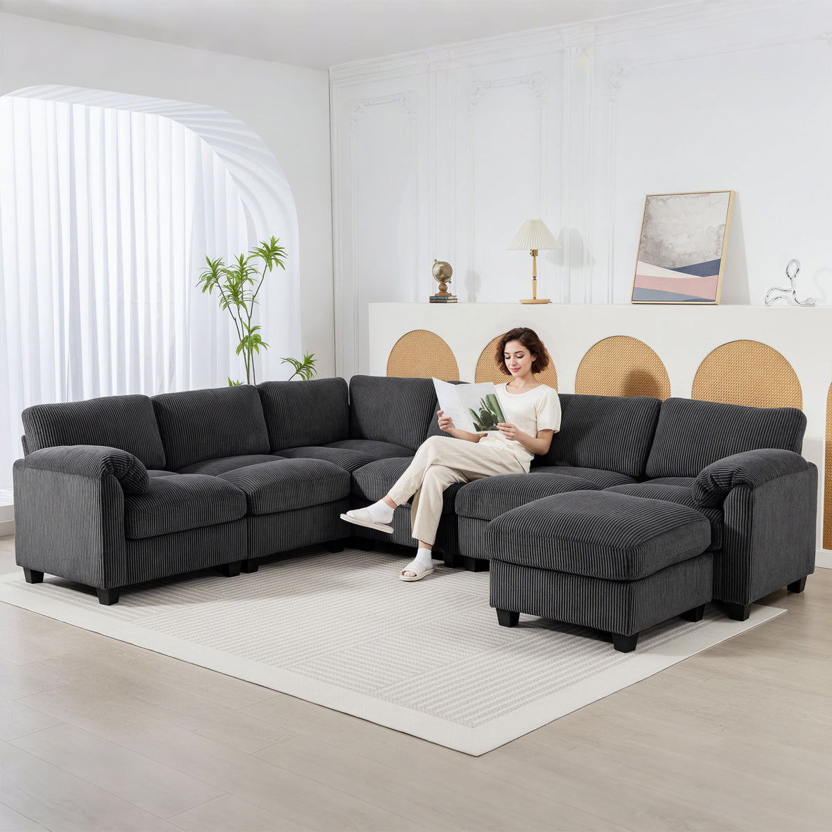 Modular Sectional Sofa, Oversized U-Shaped Couch with Spring Cushion, Corduroy Sofa for Living Room, Charcoal Grey