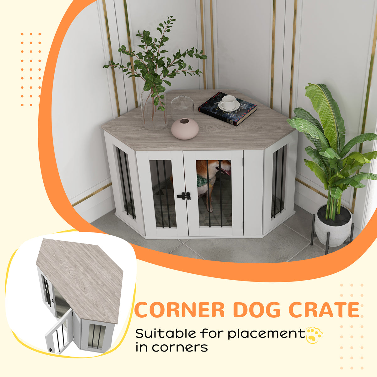 Dog Crate Furniture with Cushion, 41 Inch Corner Design Dog Crate End Table for Medium Dogs, Multi Colour