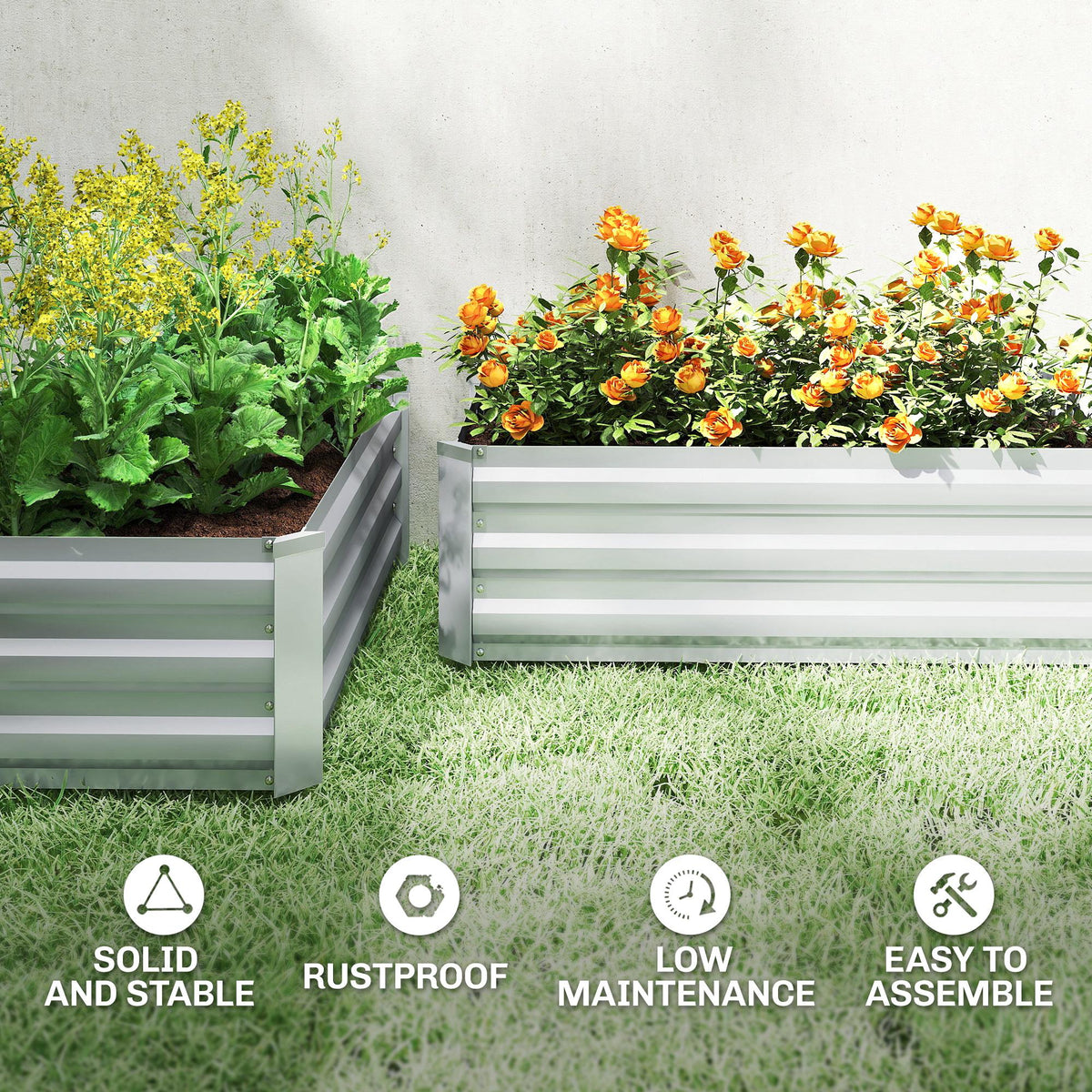 Set of 2 Galvanized Raised Beds for Garden, Outdoor Planter Box for Flowers, Herbs and Vegetables, Grey