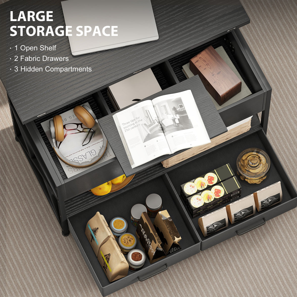 Modern Coffee Table, Lift Top Center Table with Fabric Drawers and Hidden Storage for Living Room – view 4