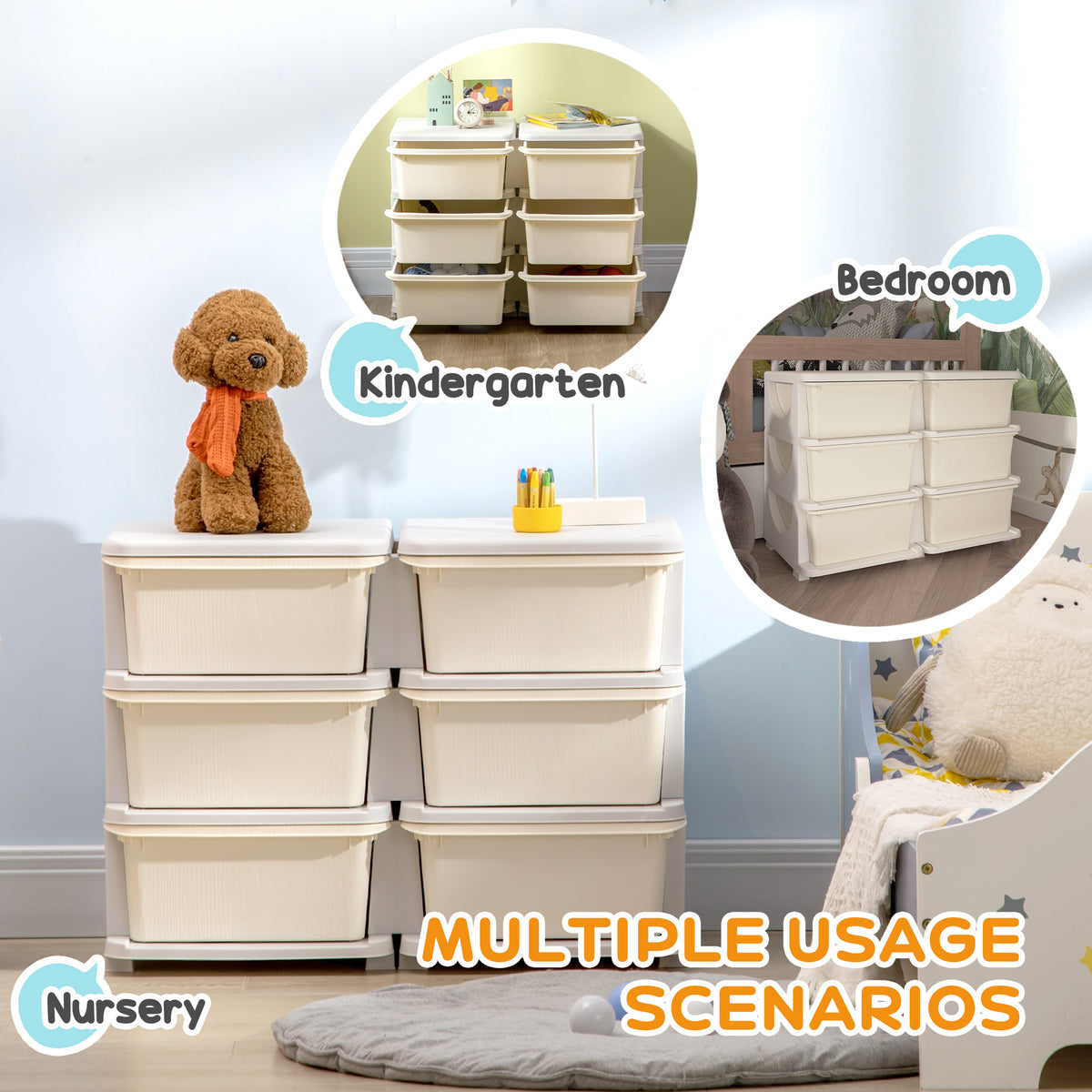 Qaba 3 Tier Kids Toy Organizer and Storage Bins with 6 Plastic Drawers