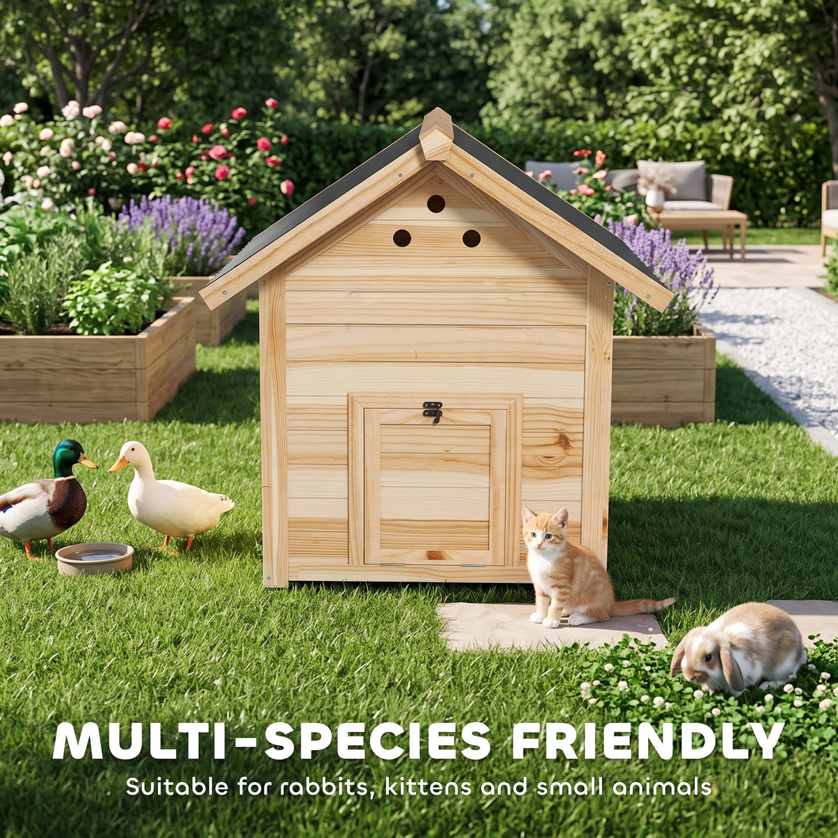 Duck Coop, Wooden Duck House with Openable Roof & Double Doors, Natural Wood
