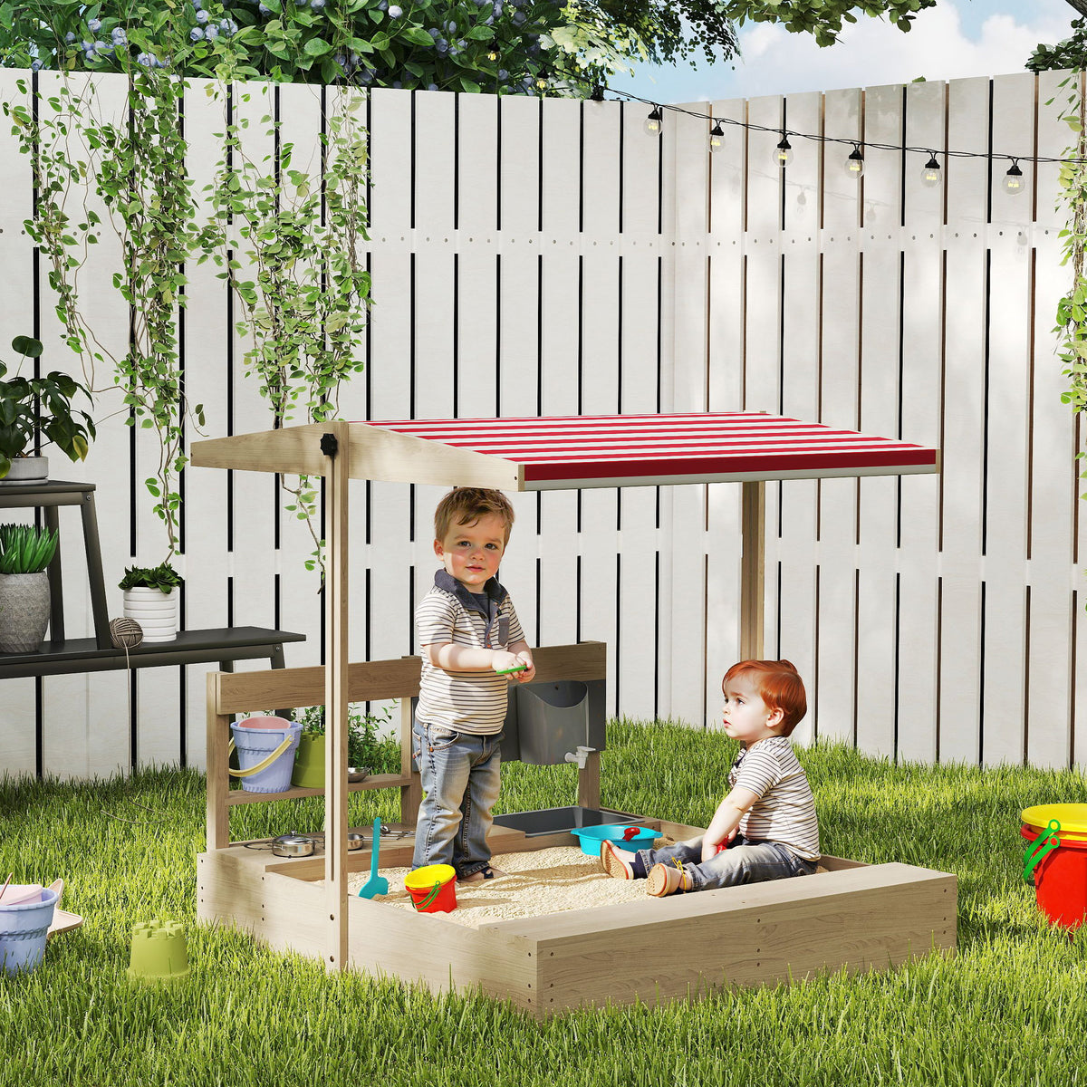 Kids Sandbox with Cover Kitchen Playset Toys, Wooden Sand Box with Seat, Storage, for 3-7 Years Old, Grey – view 14