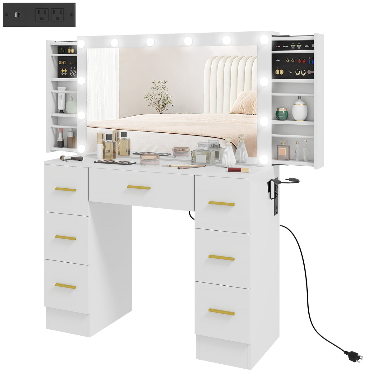 Makeup Vanity Desk with Mirror and Lights, Dressing Table with 7 Drawers, 6 Hidden Sliding Storage Compartments, White