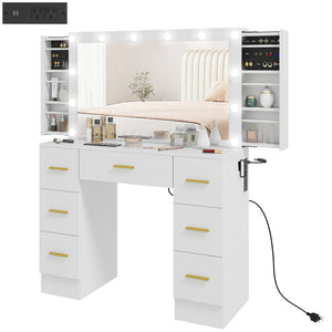 Makeup Vanity Desk with Mirror and Lights, Dressing Table with 7 Drawers, 6 Hidden Sliding Storage Compartments, White