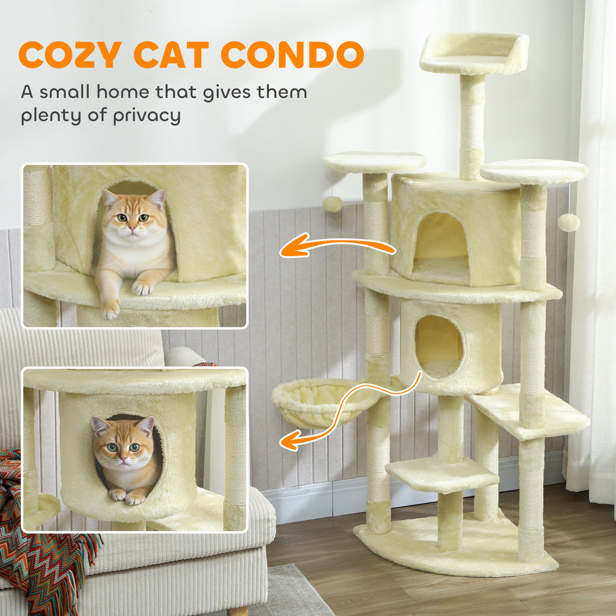 62" Cat Tree with Scratching Post, 2 Condos, Hammock, Perches, Plush, Pompoms, for Indoor Cats, Beige – view 4