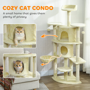 62" Cat Tree with Scratching Post, 2 Condos, Hammock, Perches, Plush, Pompoms, for Indoor Cats, Beige – view 4