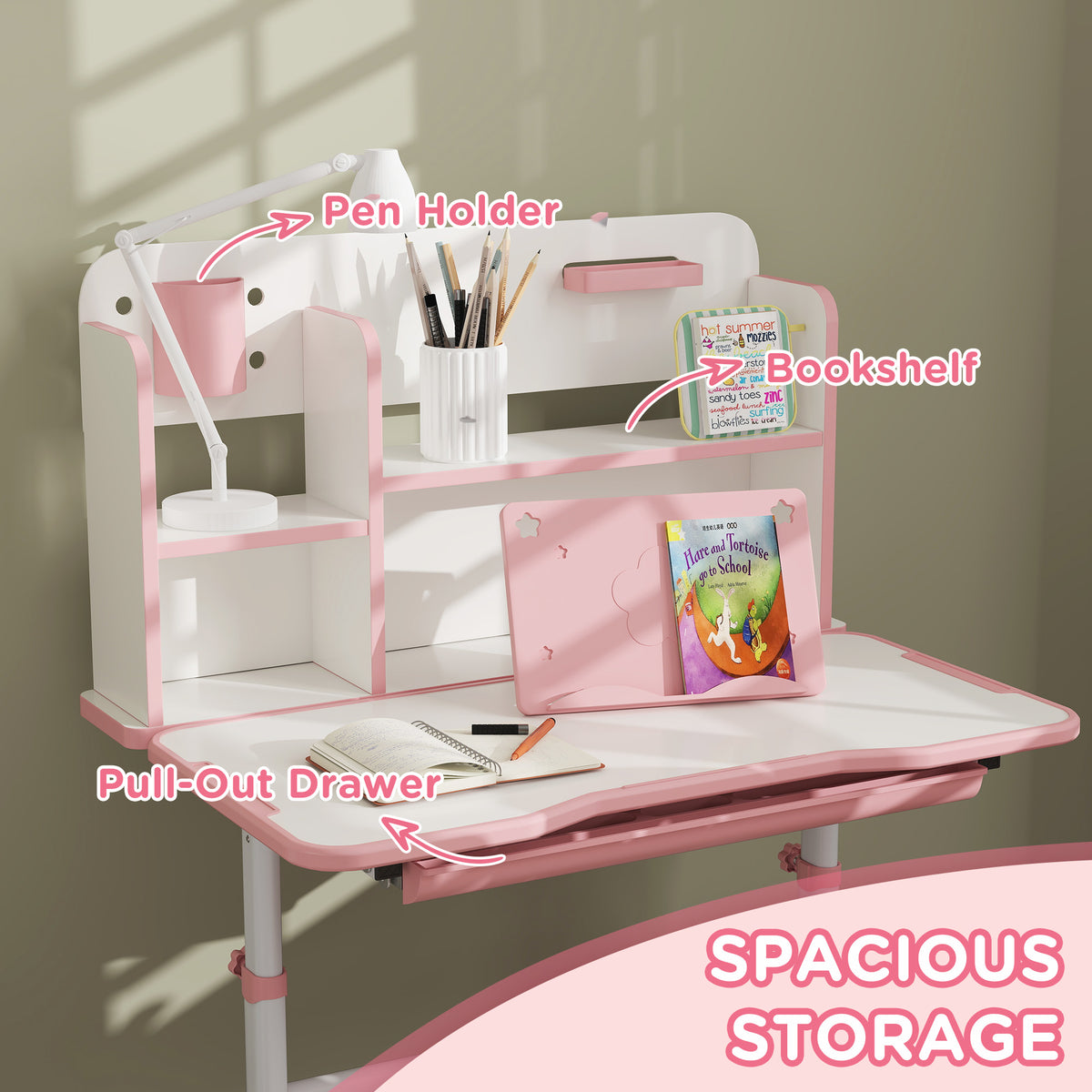 Qaba Adjustable Height Kids Desk and Chair Set, Kids Study Table and Chair with Tilt Desktop, Drawer, Reading Rack, Pink