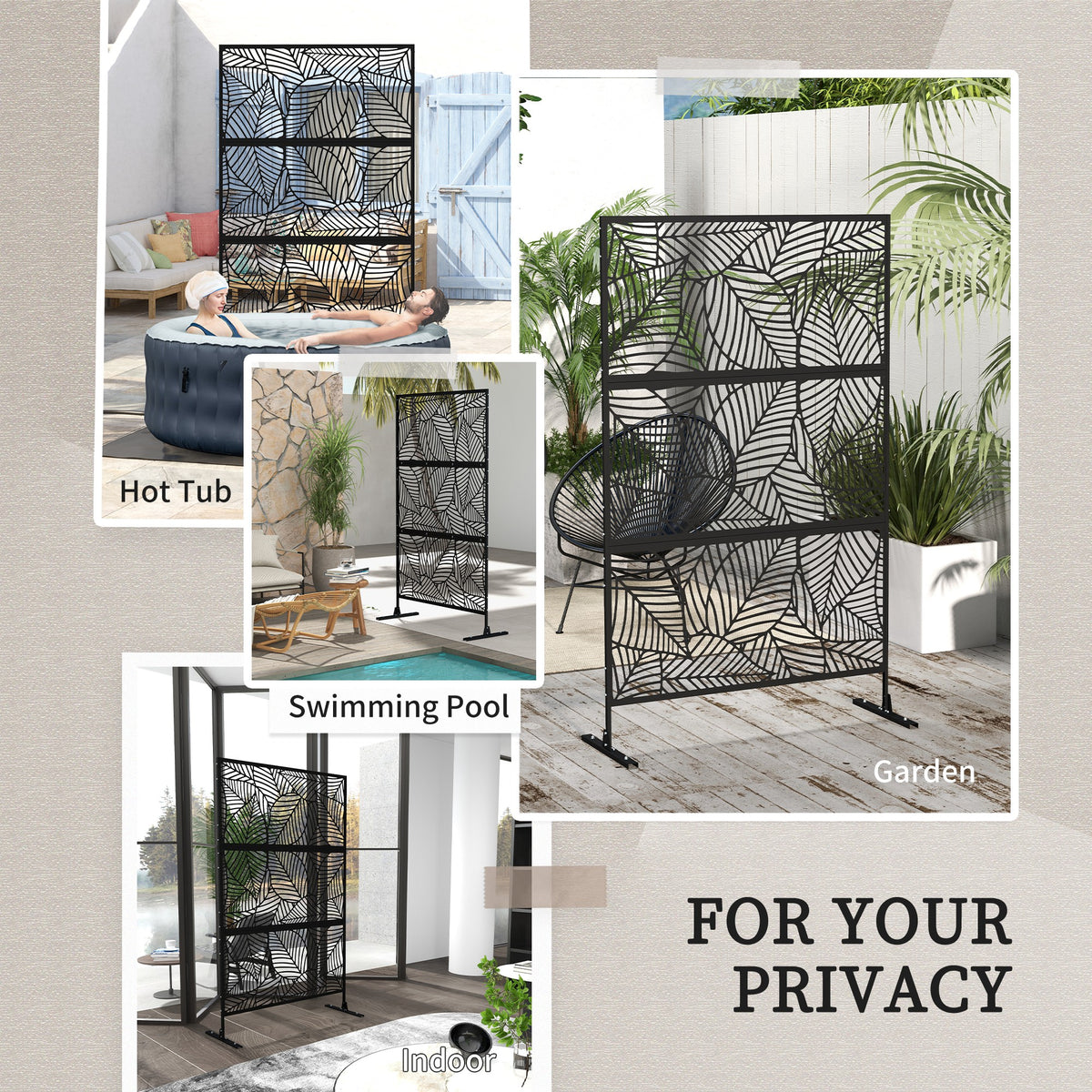 6.5FT Decorative Outdoor Divider, Metal Privacy Screen with Stand, Large Leaf Style, Black – view 5