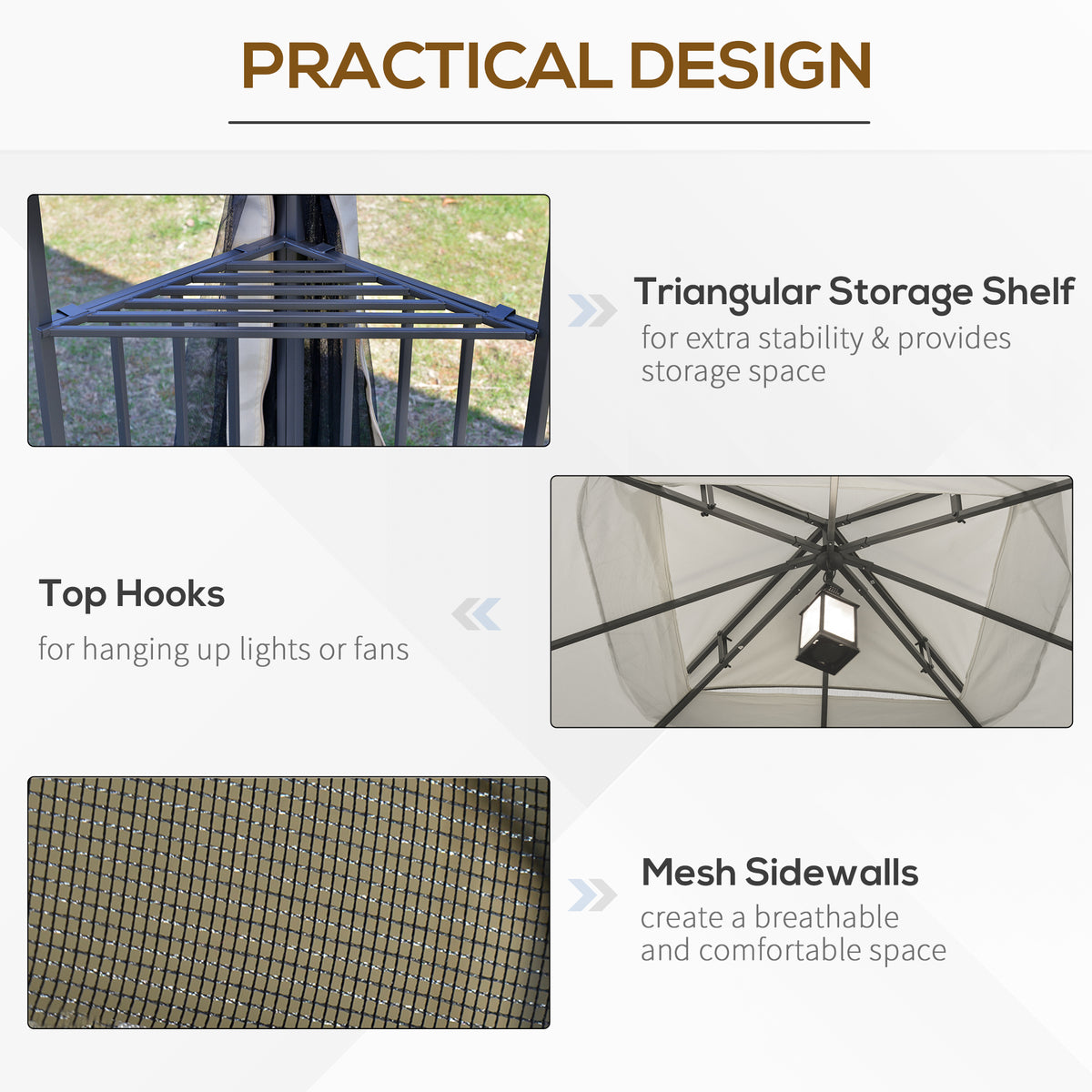 10'x10' Soft-top Patio Gazebo with Double Tier Roof, Mesh Curtains, Display Shelves, Top Hooks, Beige – view 5