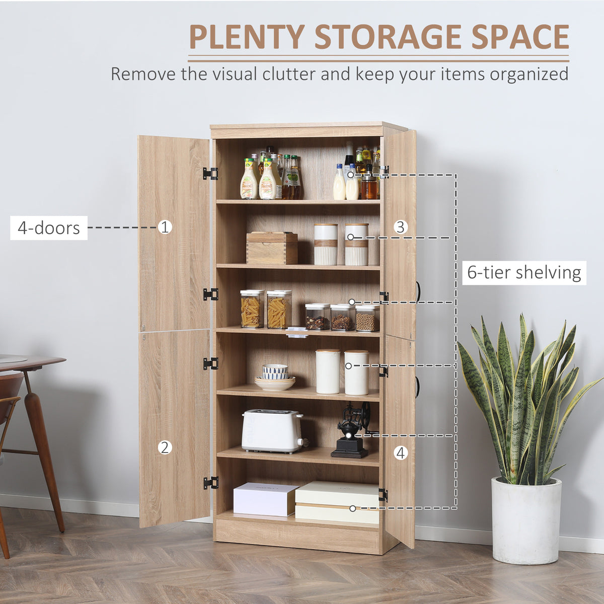 70" 4-Door Storage Cabinet, Freestanding Pantry Cabinet with Adjustable Shelves for Living Room, Natural – view 3