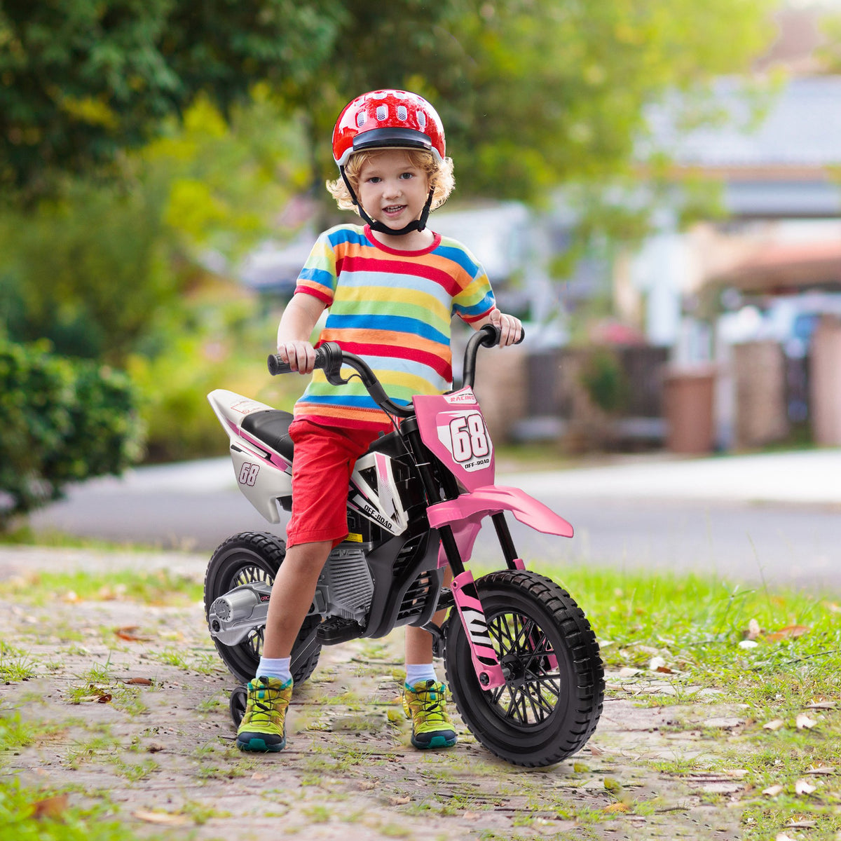 Qaba 12V Kids Dirt Bike, Electric Motorcycle with Twist Grip Throttle, Training Wheels, Rear Suspension & Music