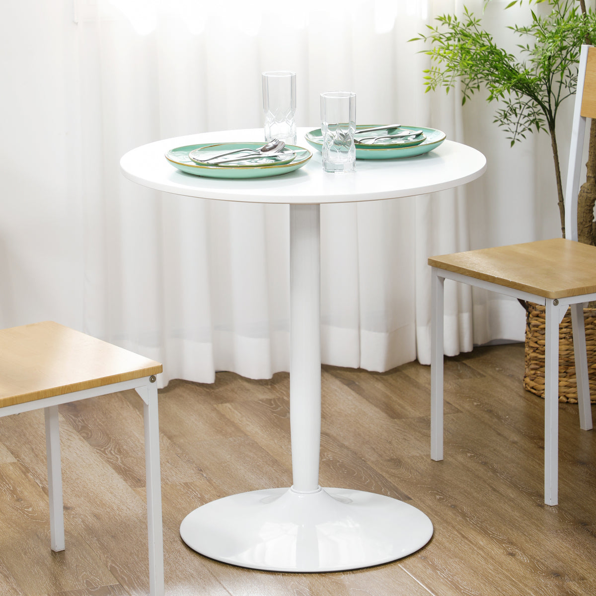 Modern Kitchen Table for 2 people, Round Dining Table with Steel Base for Living Room, Dining Room, White
