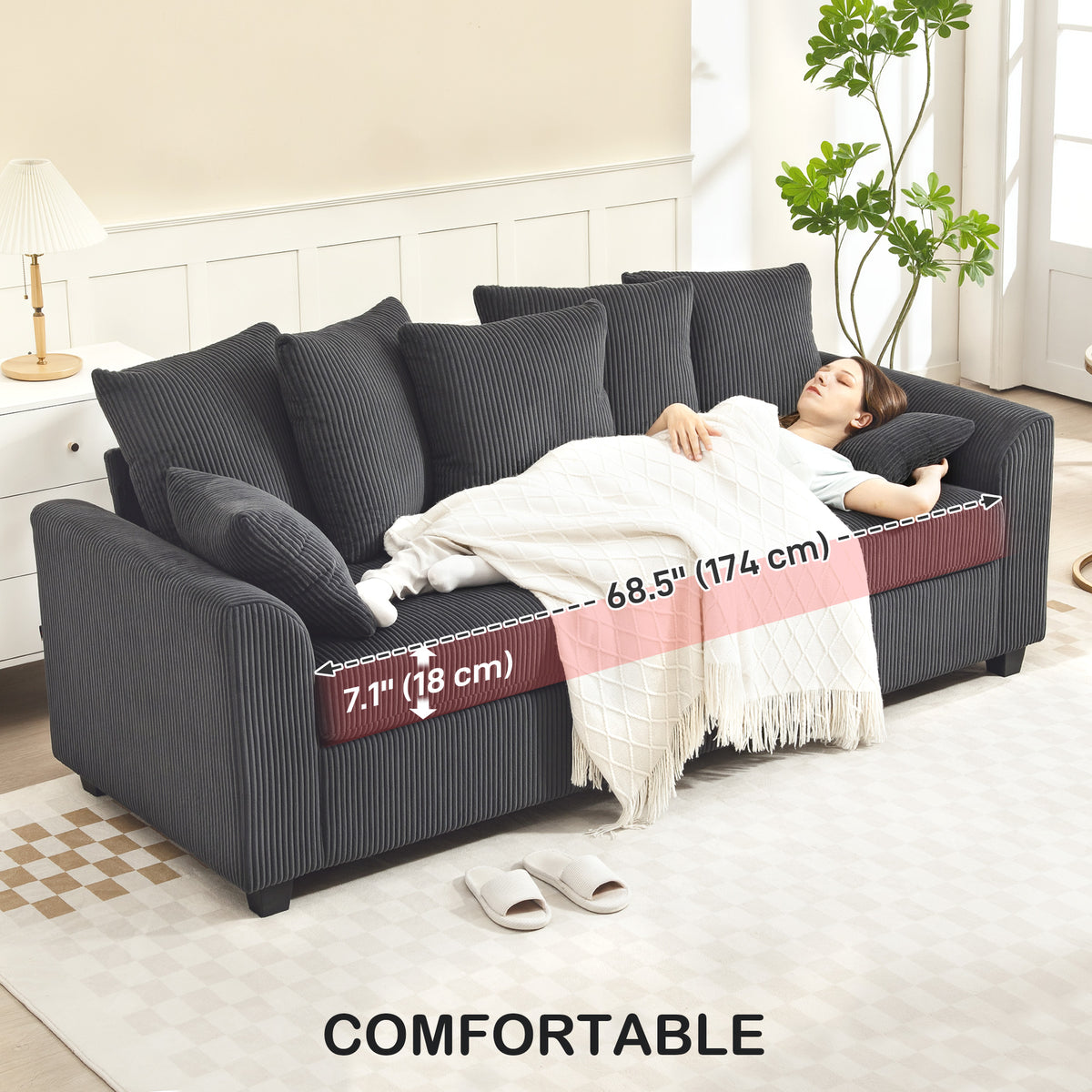 Corduroy Couch, 3 Seater Sofa, Modern Upholstered Couch with Curved Armrests and 8 Removable Pillows, Dark Grey