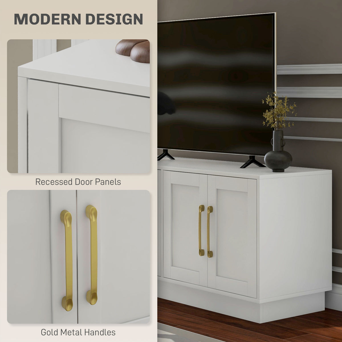 Modern TV Stand for up to 55" TV, TV Cabinet with 4 Soft Hinged Doors, 4 Cable Holes and 2 Adjustable Shelves, White