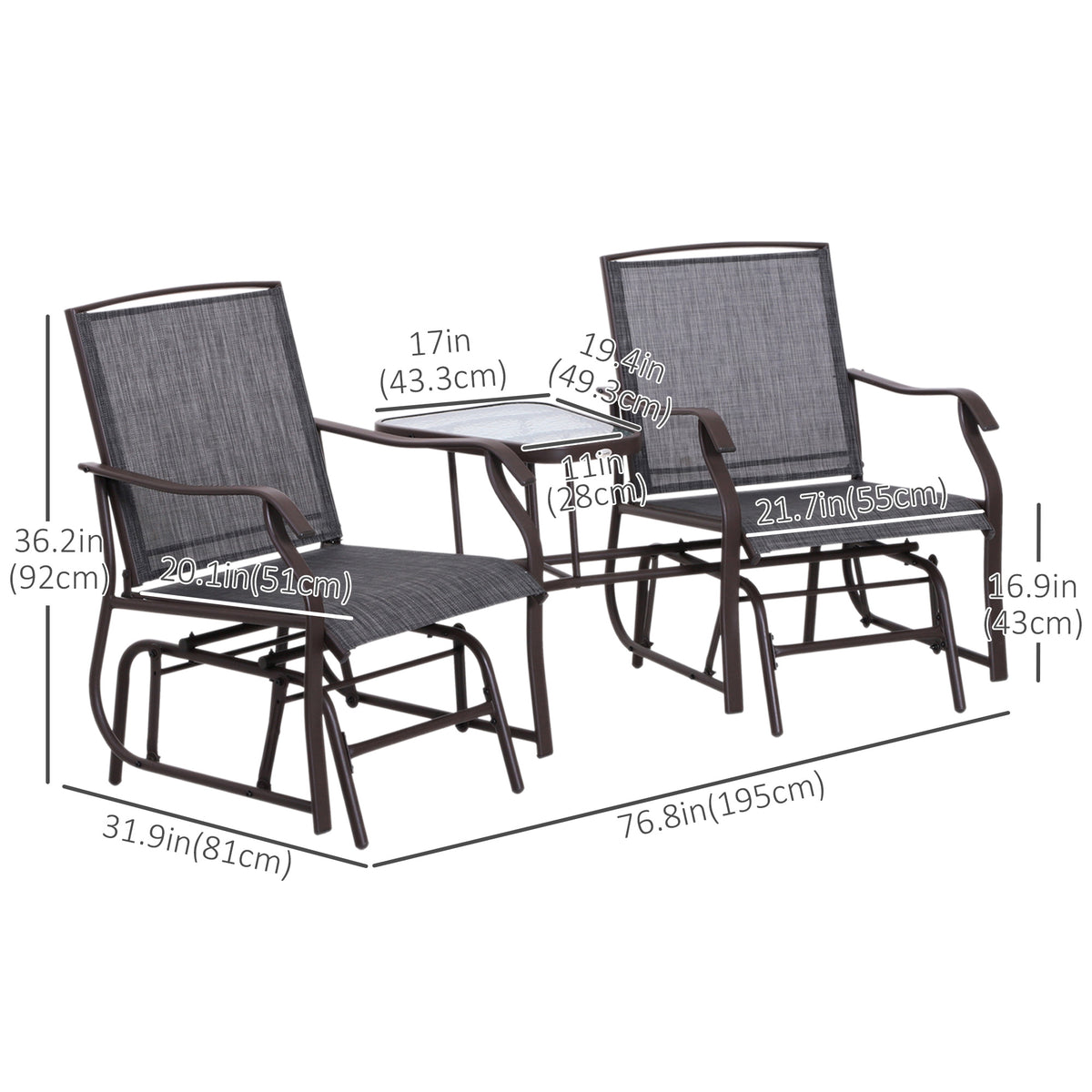 Double Patio Glider Chair with Glass Top Center Table, Outdoor Glider Loveseat with High Back – view 5
