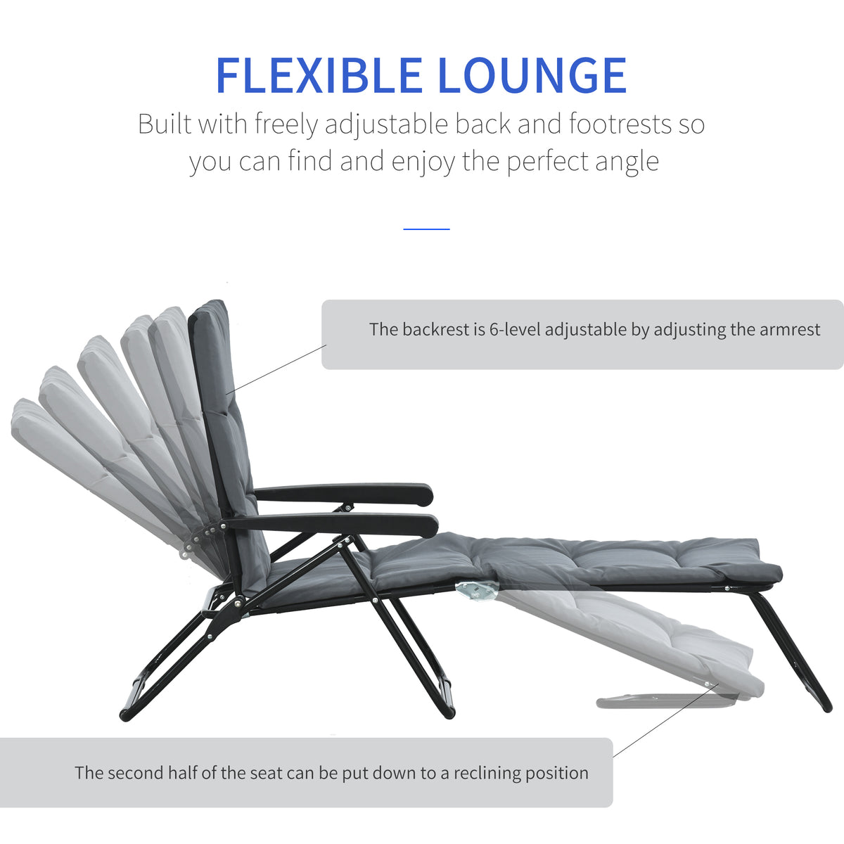Foldable Lounge Chair, Reclining Patio Sun Lounger with 6-Position Adjustable Back, Blue and White