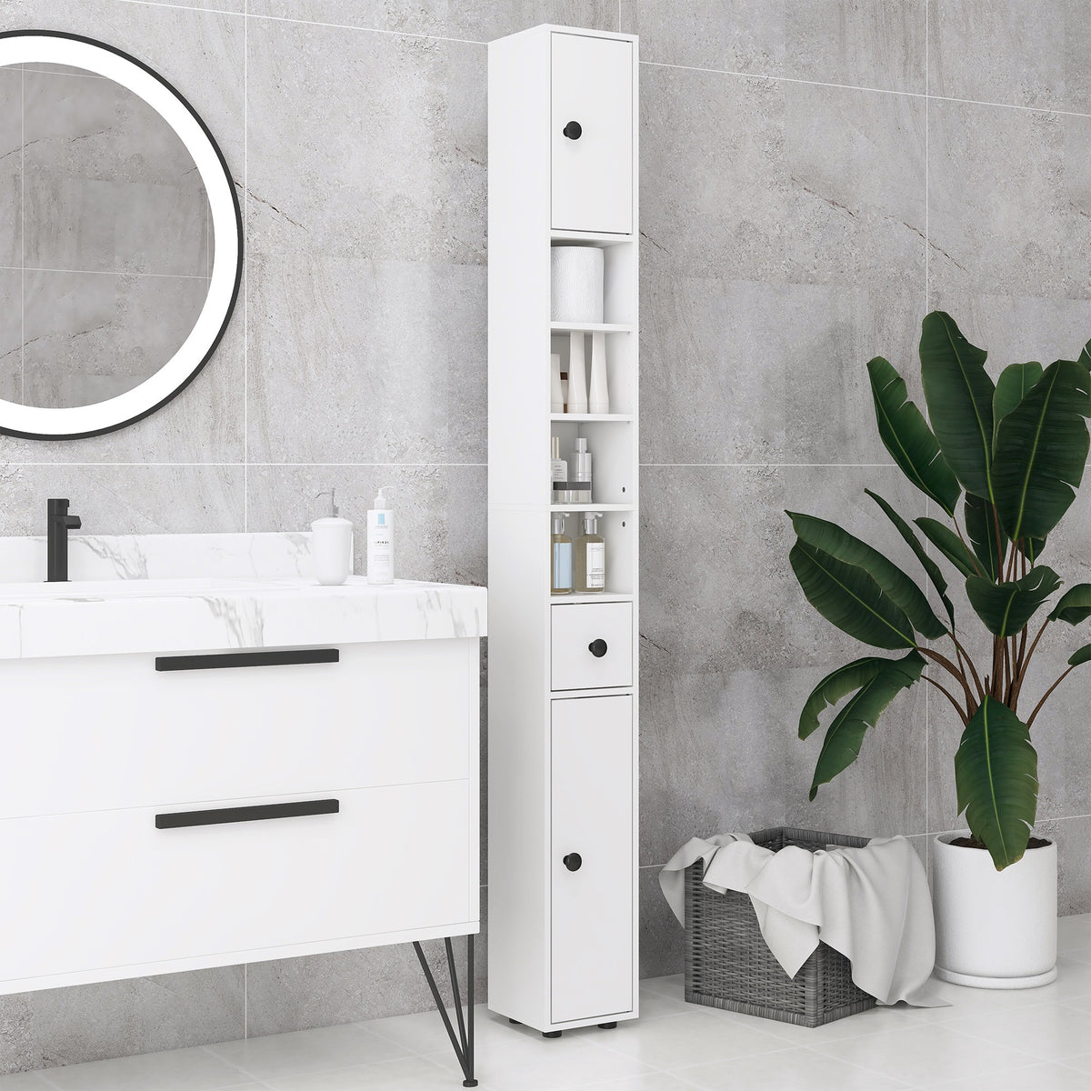 71" Tall Bathroom Cabinet, Narrow Toilet Paper Cabinet with Open Shelves, 2 Door Cabinets, Adjustable Shelves, Black