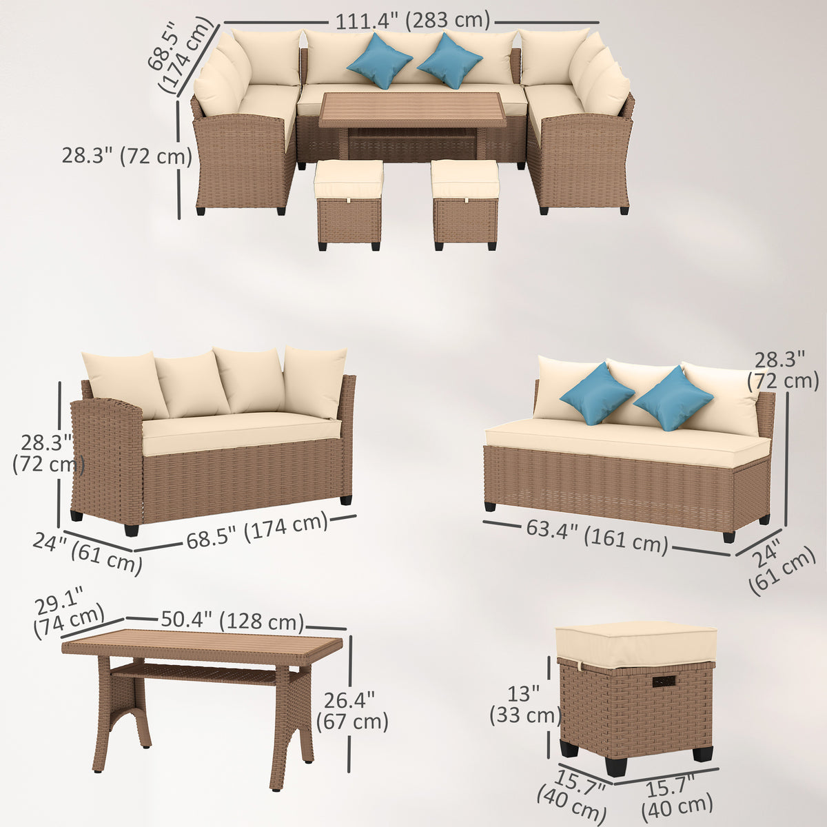 6 Pieces Patio Furniture Set, Outdoor Wicker Sofa Set, All Weather PE Rattan Conversation Furniture, with Strip Wood Grain Plastic Coffee Table & Cushions, Khaki