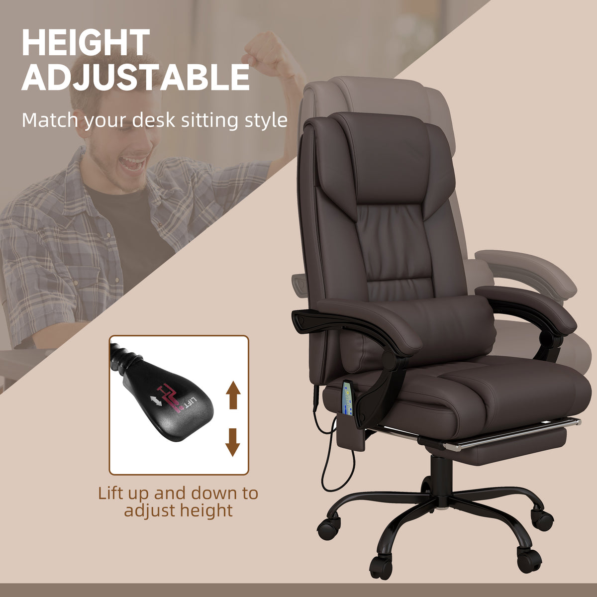 6-Point Vibration Massage Chair, Height Adjustable Reclining Computer Chair with Retractable Footrest, Black – view 11
