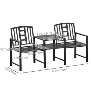Steel Garden Bench w/ Middle Table, Umbrella Hole, Double Seat for Outdoor, Patio, Backyard  Weather-Resistant Frame, Black