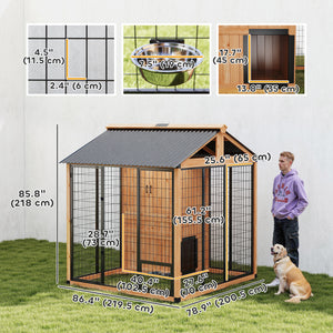 86" L Dog House Outdoor, Wooden Dog Kennel with Storage Cabinet, Stainless Steel Bowls for Large Breeds, Yellow
