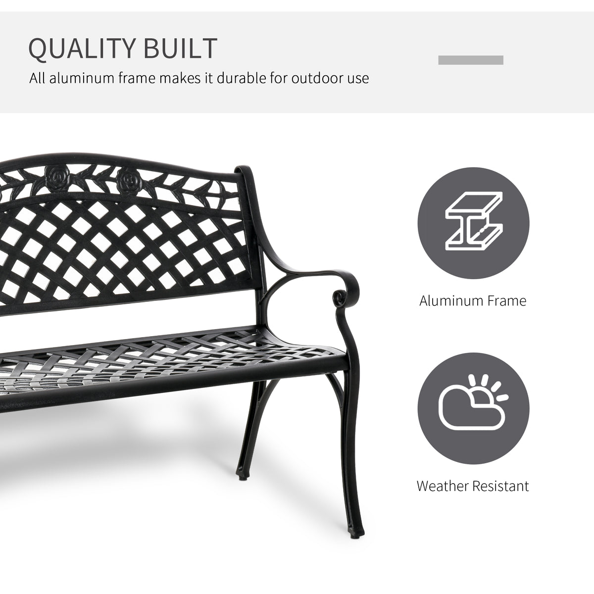 Outdoor Garden Bench, 40" Patio Bench with Aluminum Frame and Armrests, 2-Person Patio Loveseat with Floral Pattern for Park, Porch, Yard, Lawn, 485 LBS Capacity