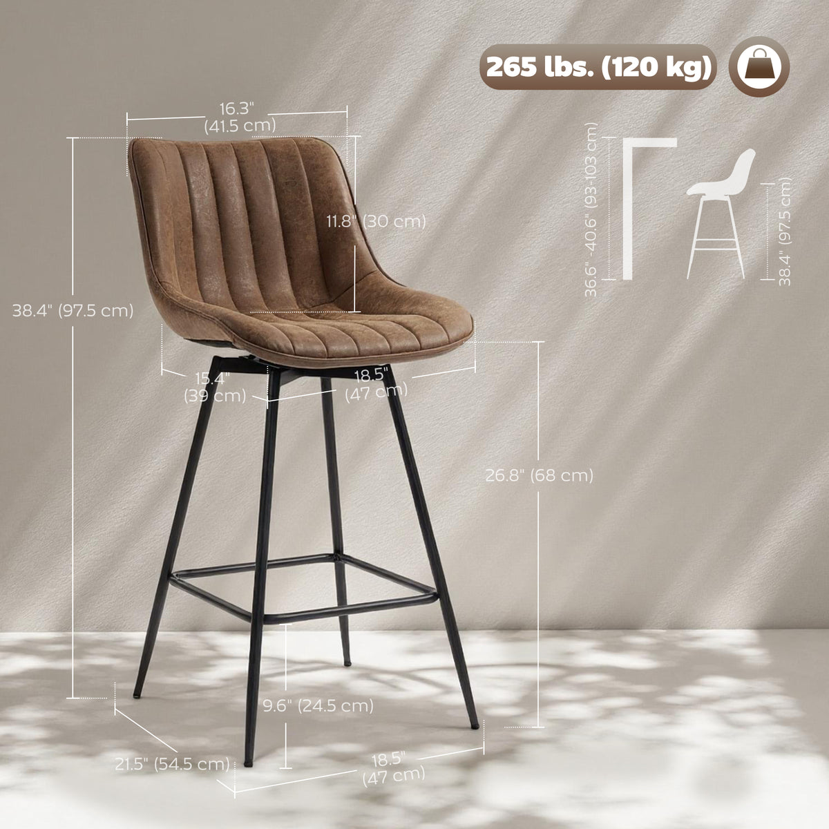 Set of 2 Counter Height Barstools, PU Leather Upholstered Bar Stools with Backrest – view 9