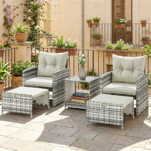 5 Piece Patio Furniture Set, Wicker Patio Chairs with Ottomans, 2-Tier Glass Coffee Table and Cushions – view 14