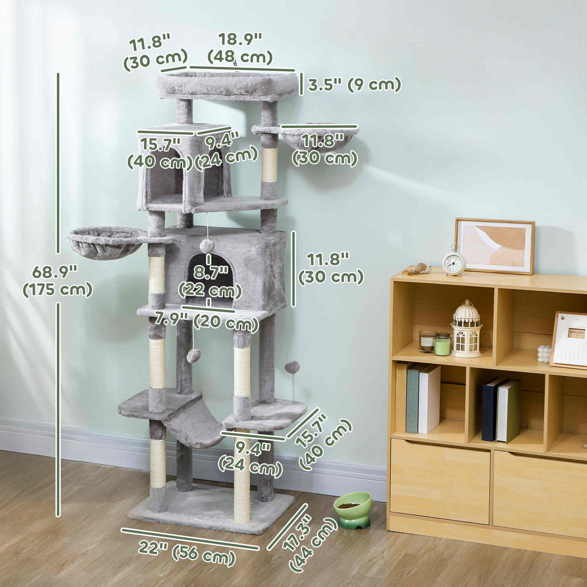69" Cat Tree, Multi-Level Cat Tower with 2 Condos, Plush Perch and Sisal Scratching Posts, Dark Grey – view 9