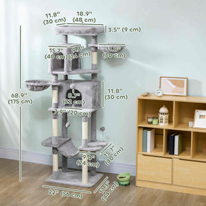 69" Cat Tree, Multi-Level Cat Tower with 2 Condos, Plush Perch and Sisal Scratching Posts, Dark Grey – view 9