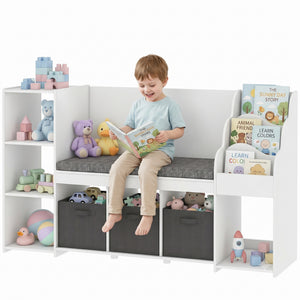 Qaba Kids Storage Shelf with Reading Nook, Toy Storage Organizer with Seat Cushion, 3 Fabric Drawers for Playroom, Nursery