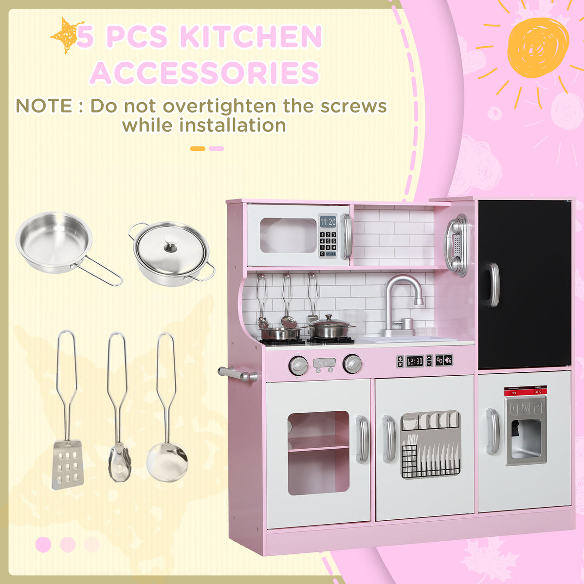 Qaba Play Kitchen for Kids, Kids Kitchen Playset w/ Chalkboard, Ice Maker, Play Phone, Sink, Microwave