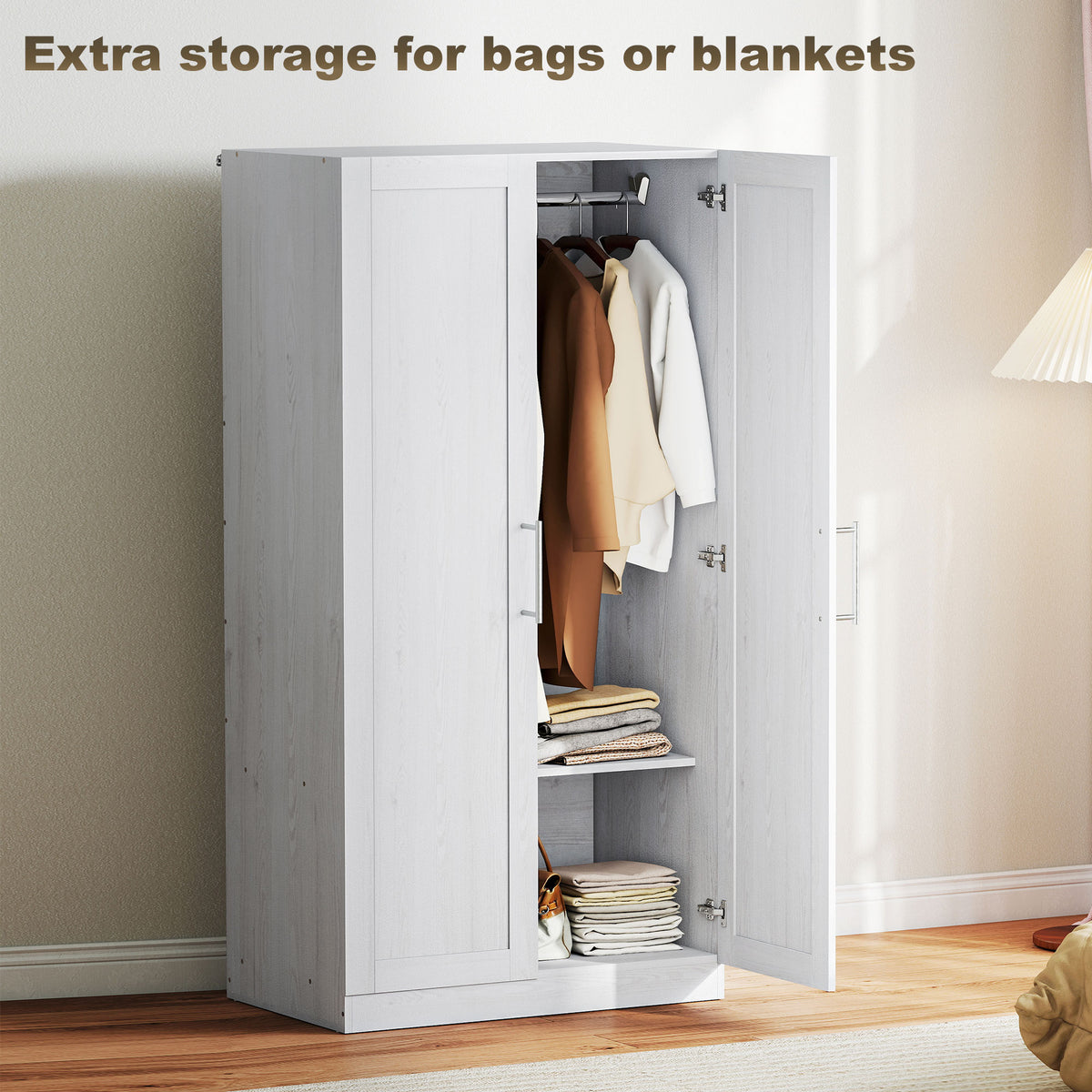 Wardrobe Cabinet with 2 Doors and Hanging Rod, Modern Armoire Wardrobe Closet for Bedroom, Black Wood Effect – view 11