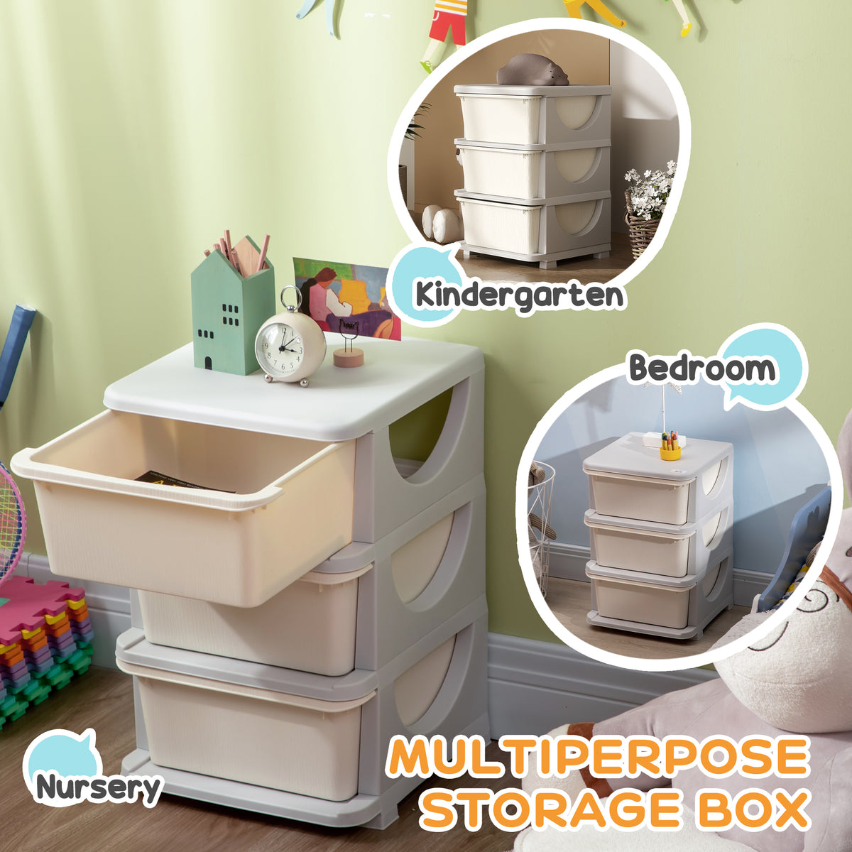 3 Tier Kids Toy Organizer and Storage Bins with 3 Plastic Drawers, Blue