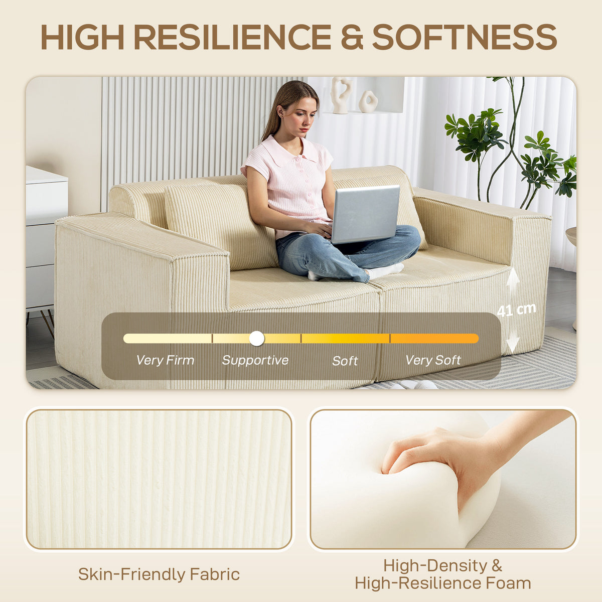 Boneless Couch, Corduroy 3 Seater Sofa with Deep Seat, Wide Armrests, 2 Pillows, Quick Assembly for Living Room, Beige