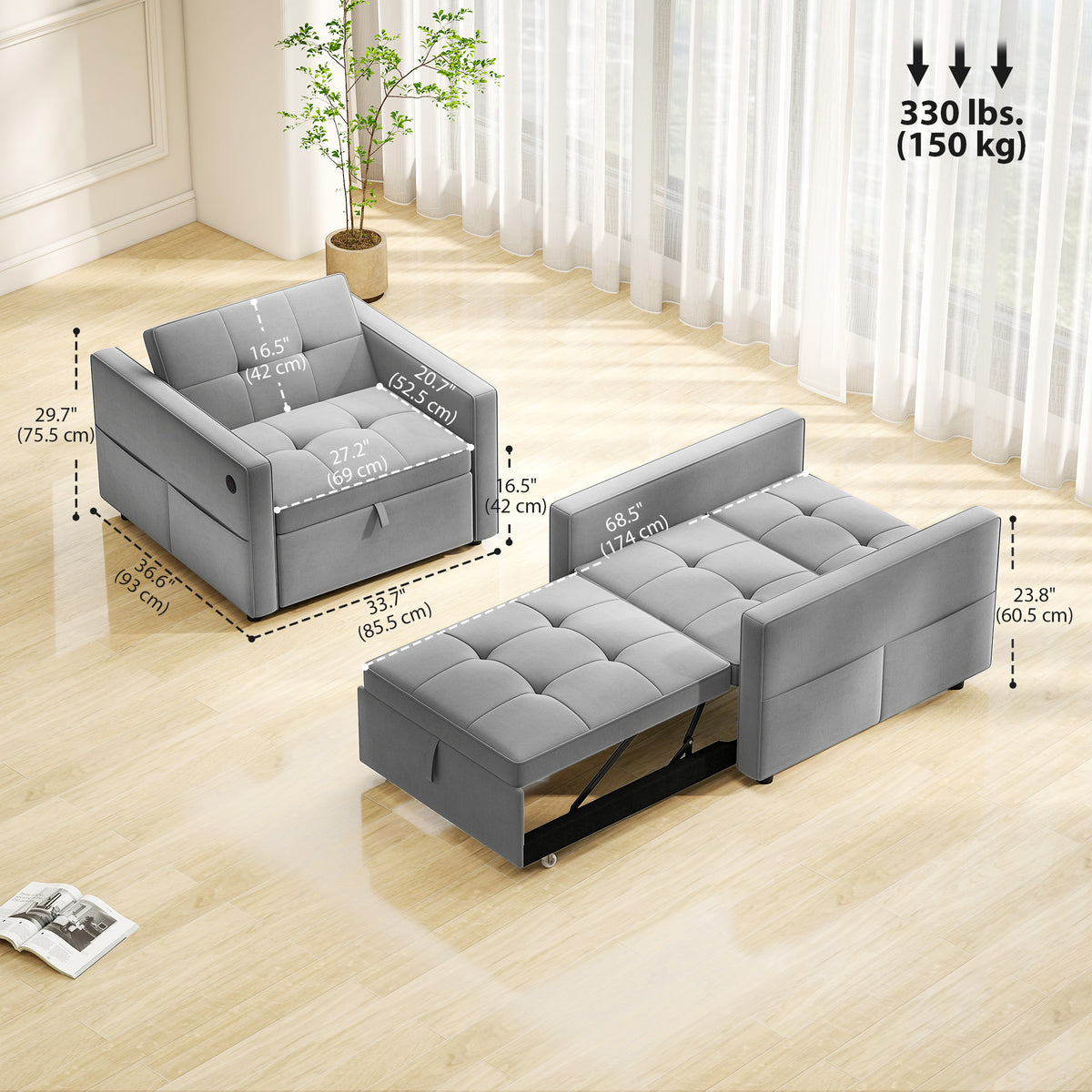 Convertible Chair Bed, Pull Out Sleeper Chair with USB, Adjustable Backrest, Small Velvet Futon Sofa Bed – view 9