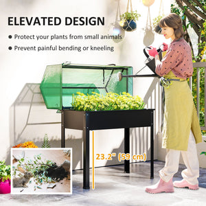 Raised Garden Bed Planter with PE Greenhouse Cover, Elevated Garden Bed Box with Drainage Hole for Flowers, Black